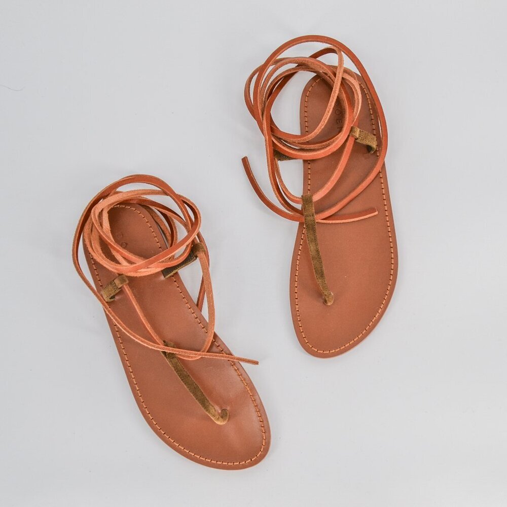 DOEN St Moritz Lace Up Sandals Tan Leather Gladiator Ghillies Flats Womens 39